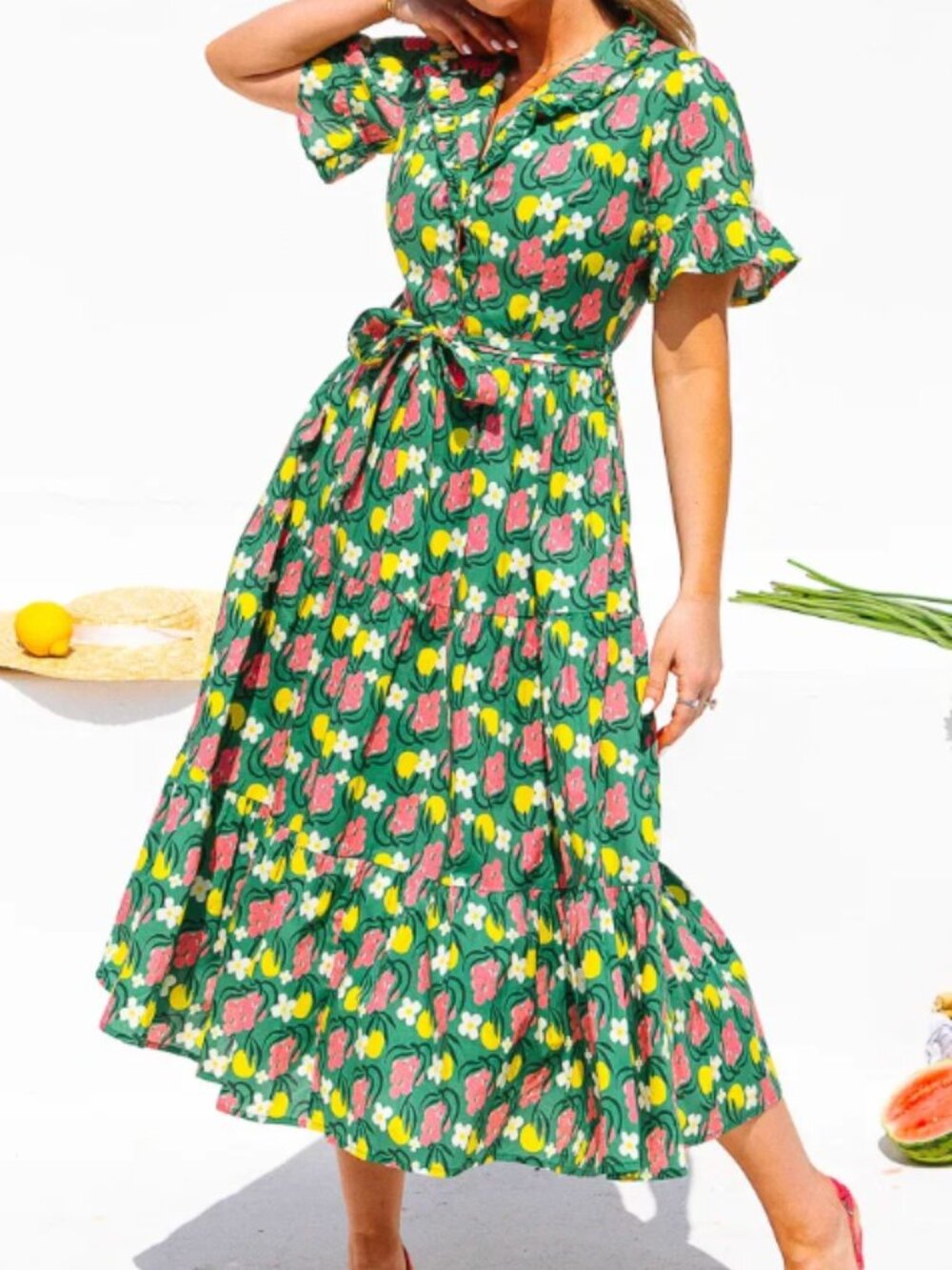 Ivy City Co Green Floral Midi Shirt Dress with Pink & Yellow Print